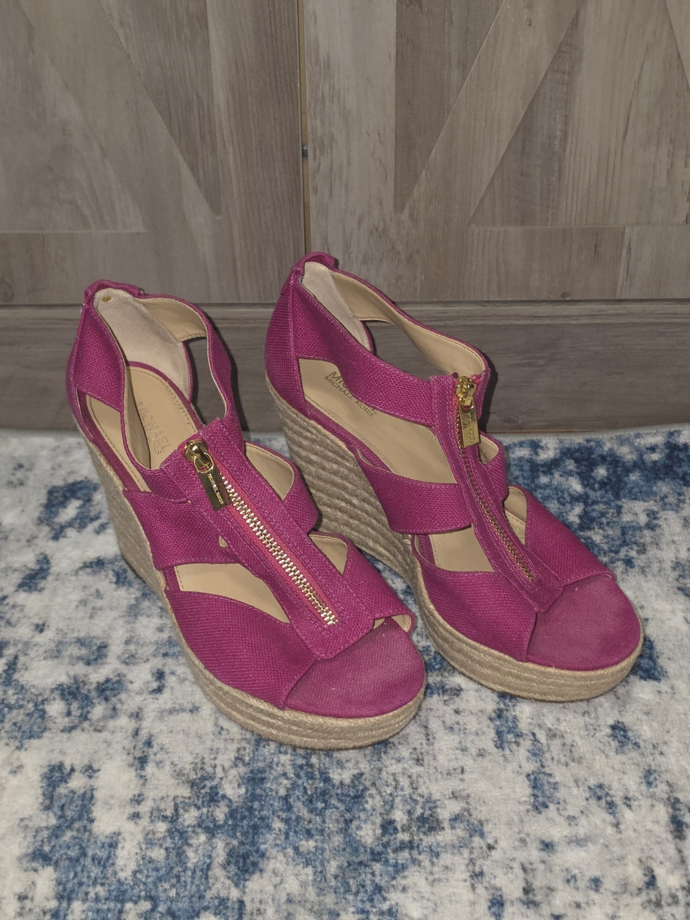 Pink Wedge Espadrille Sandals with Front Zip